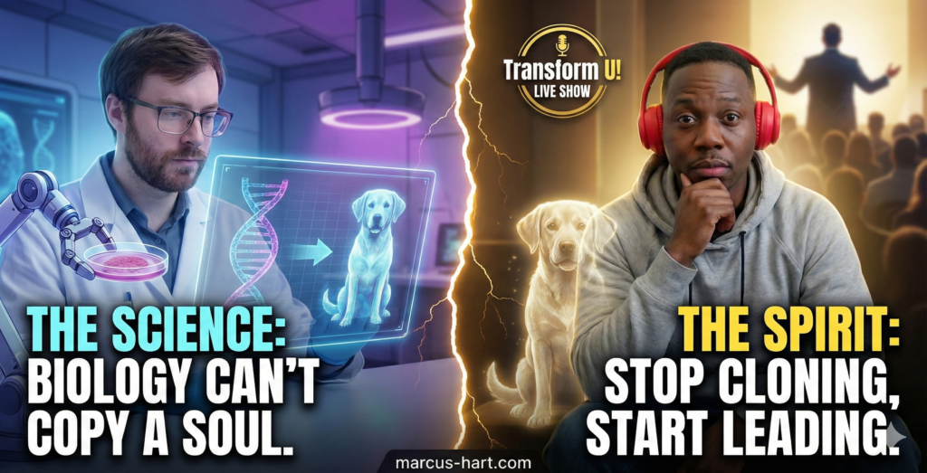 A split-panel infographic contrasts "THE SCIENCE" and "THE SPIRIT." The left panel, with blue lighting, shows a scientist in a lab coat looking at a holographic display of a DNA helix and a dog, with the text "THE SCIENCE: BIOLOGY CAN'T COPY A SOUL." The right panel, with warm lighting, shows a man with red headphones and a grey hoodie sitting next to a glowing, translucent dog in an auditorium with a "Transform U! LIVE SHOW" logo, and the text "THE SPIRIT: STOP CLONING, START LEADING." A website address, "marcus-hart.com," is at the bottom.