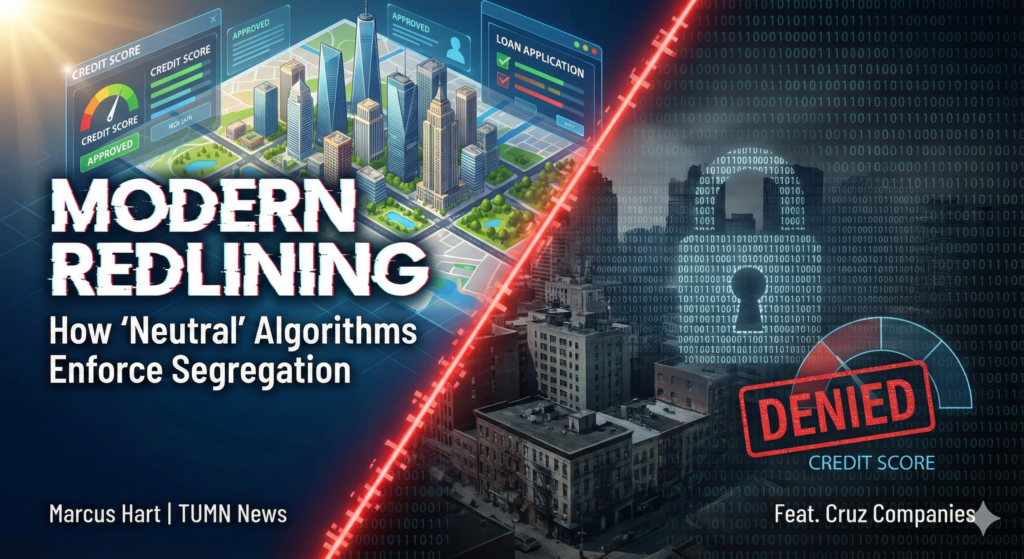 Conceptual illustration of Modern Redlining: A vintage city map with red exclusionary lines on the left transitioning into a futuristic digital barrier with lock icons on the right, symbolizing how neutral algorithms enforce housing segregation in 2025.