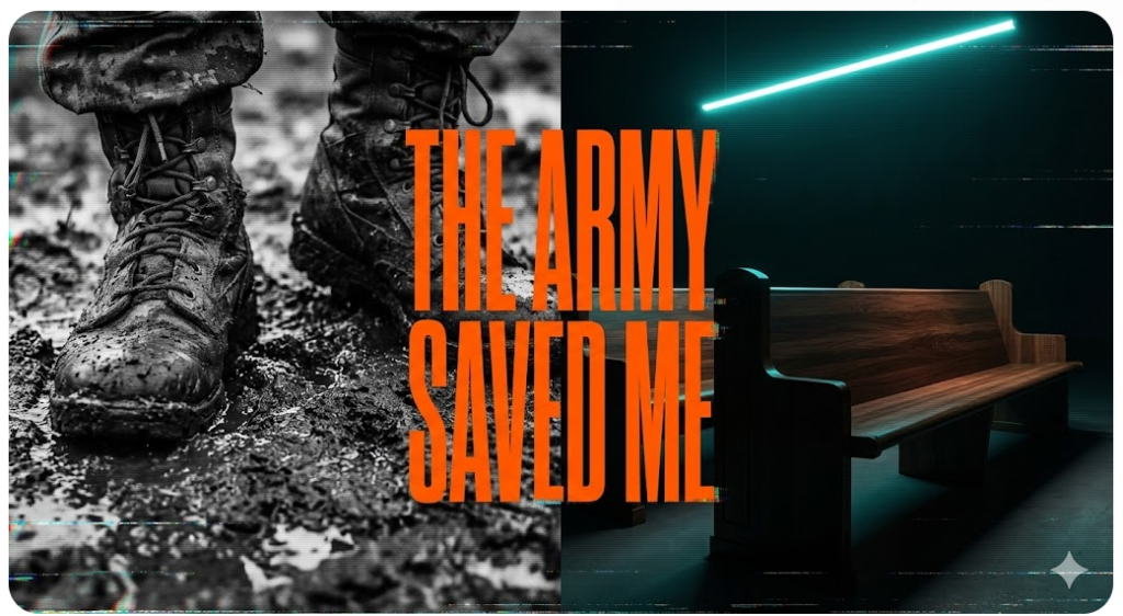 A split-screen minimaximalist composition. Left side: gritty, high-contrast black and white macro photo of worn military combat boots standing in thick mud. Right side: dark, sleek architectural photography of an empty wooden church pew lit by a single, cold neon-teal overhead light.