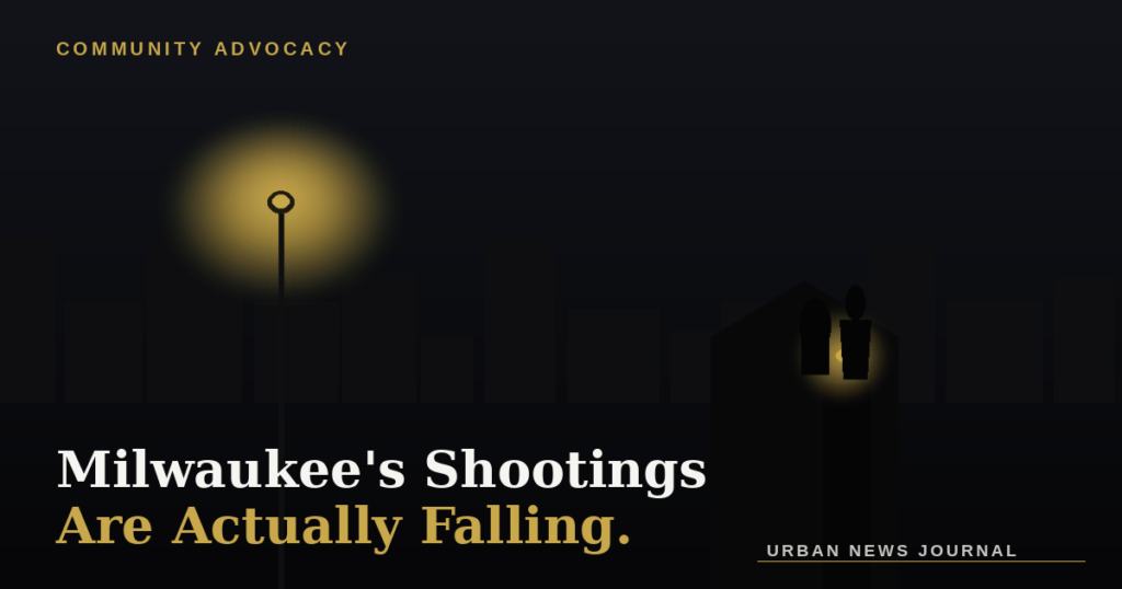 Editorial illustration of a warm streetlight glow over a Milwaukee porch at dusk, symbolizing community trust and violence prevention