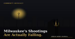Editorial illustration of a warm streetlight glow over a Milwaukee porch at dusk, symbolizing community trust and violence prevention
