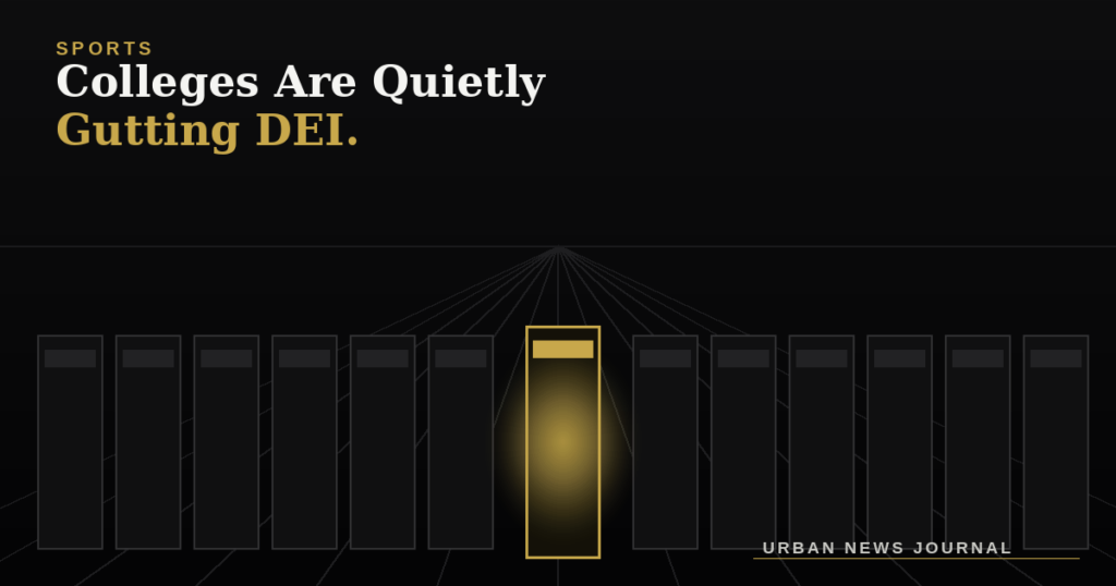 Editorial illustration of a row of college locker room lockers, one lit gold, symbolizing the DEI office quietly being removed