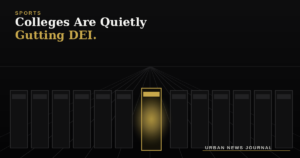 Editorial illustration of a row of college locker room lockers, one lit gold, symbolizing the DEI office quietly being removed