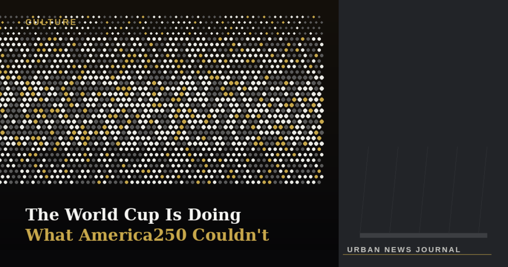 Split image contrasting a packed, diverse World Cup crowd in halftone dot pattern against a cold, empty official plaza