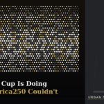 Split image contrasting a packed, diverse World Cup crowd in halftone dot pattern against a cold, empty official plaza