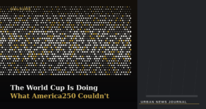 Split image contrasting a packed, diverse World Cup crowd in halftone dot pattern against a cold, empty official plaza