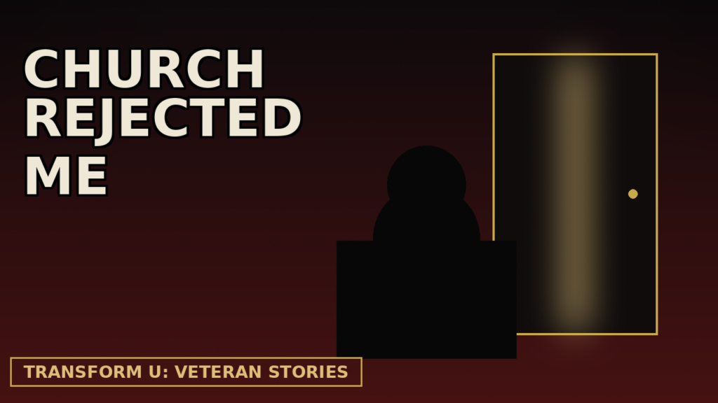 Marcus Hart stands before a lit doorway, illustrating his new Transform U: Veteran Stories episode about being pushed out by his own church.