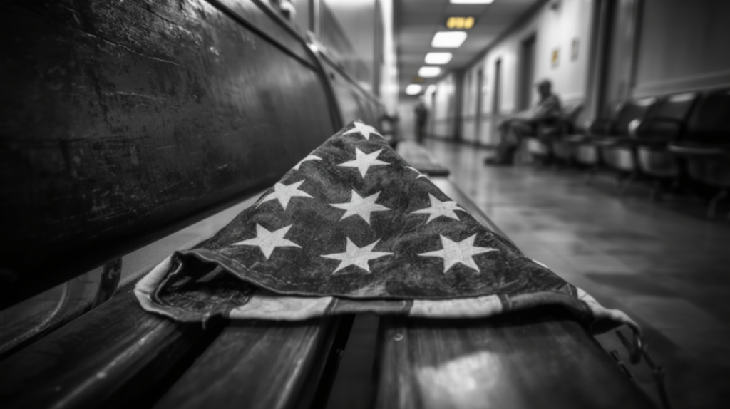 A folded American flag resting on a wooden VA hospital waiting-room bench, black and white with a gold accent.