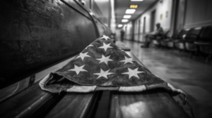 A folded American flag resting on a wooden VA hospital waiting-room bench, black and white with a gold accent.