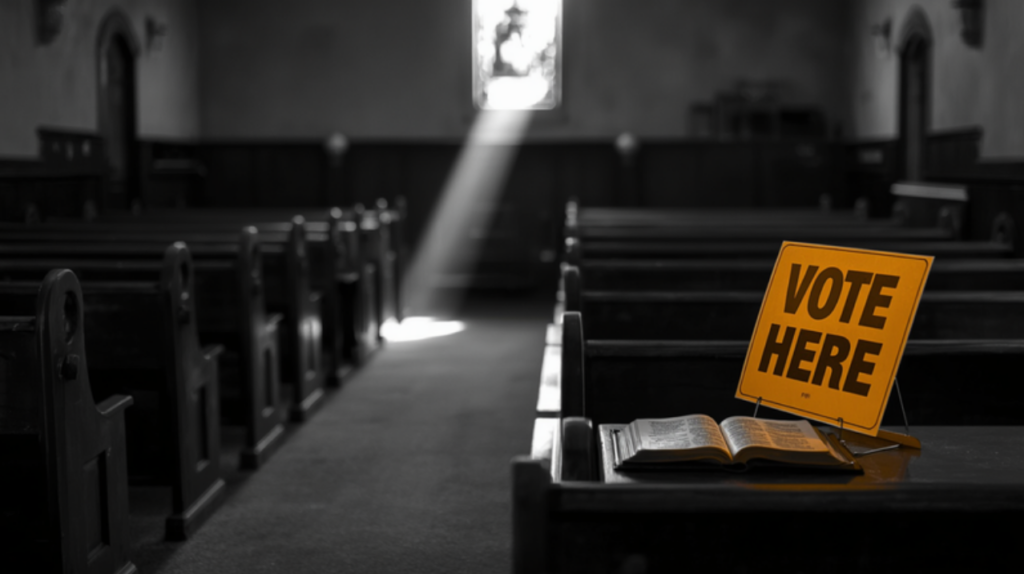 Interior of a church sanctuary with a shaft of gold light through a stained-glass window landing on an open Bible beside a Vote Here sign.