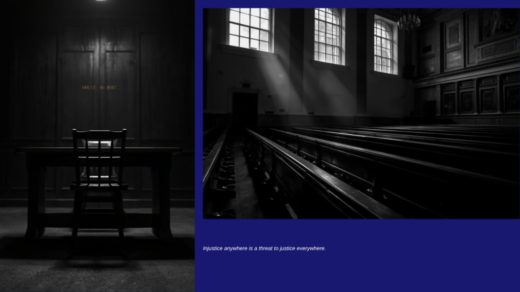 Empty wooden courtroom chair symbolizing unaccompanied immigrant children left without legal representation