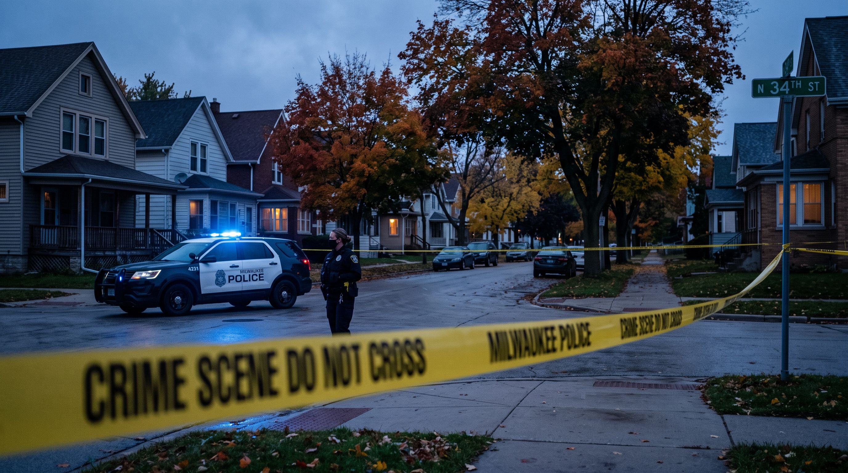 Police tape on a quiet Milwaukee street at dawn