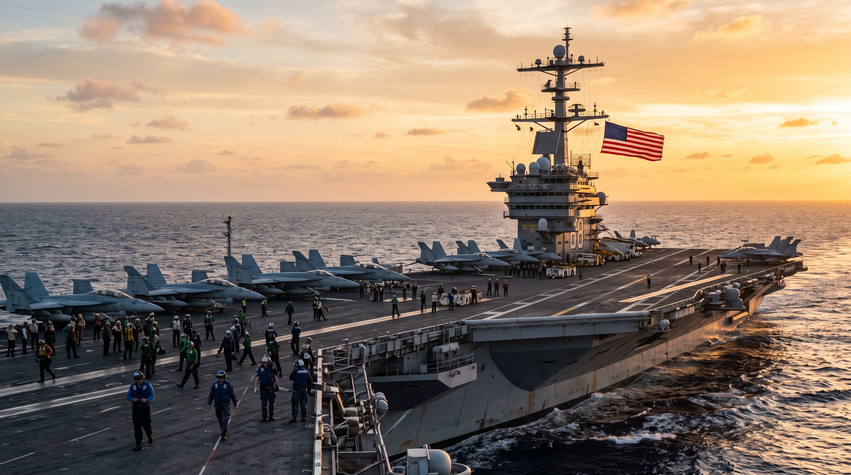 A U.S. Navy aircraft carrier at sea during golden hour
