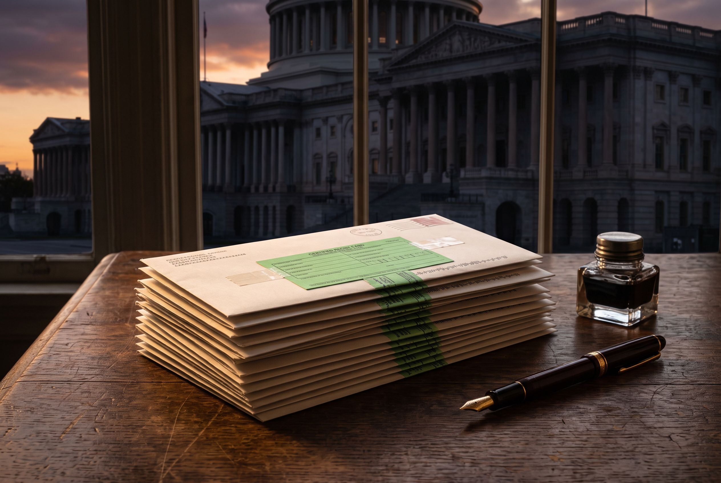 Certified mail envelopes on a desk in front of a government building