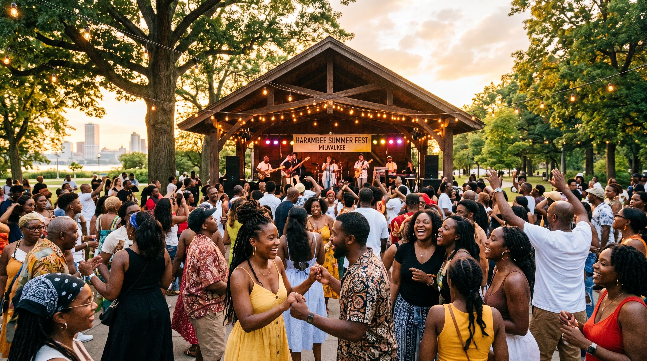 Crowd enjoying a free outdoor summer concert at a Milwaukee park pavilion