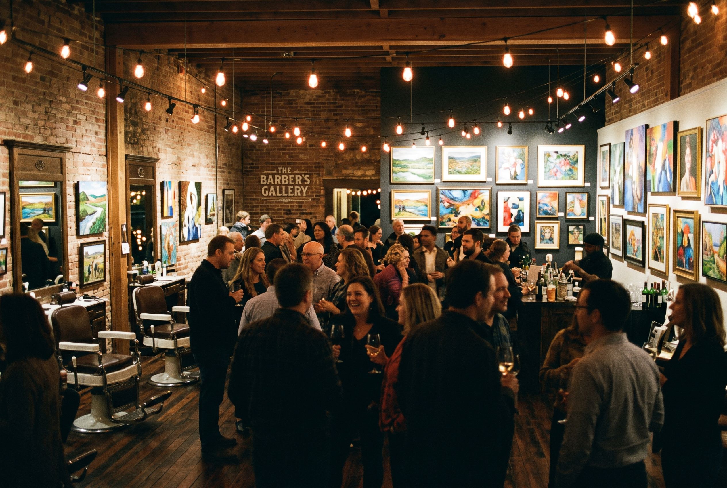 Community art gallery reception with paintings and string lights