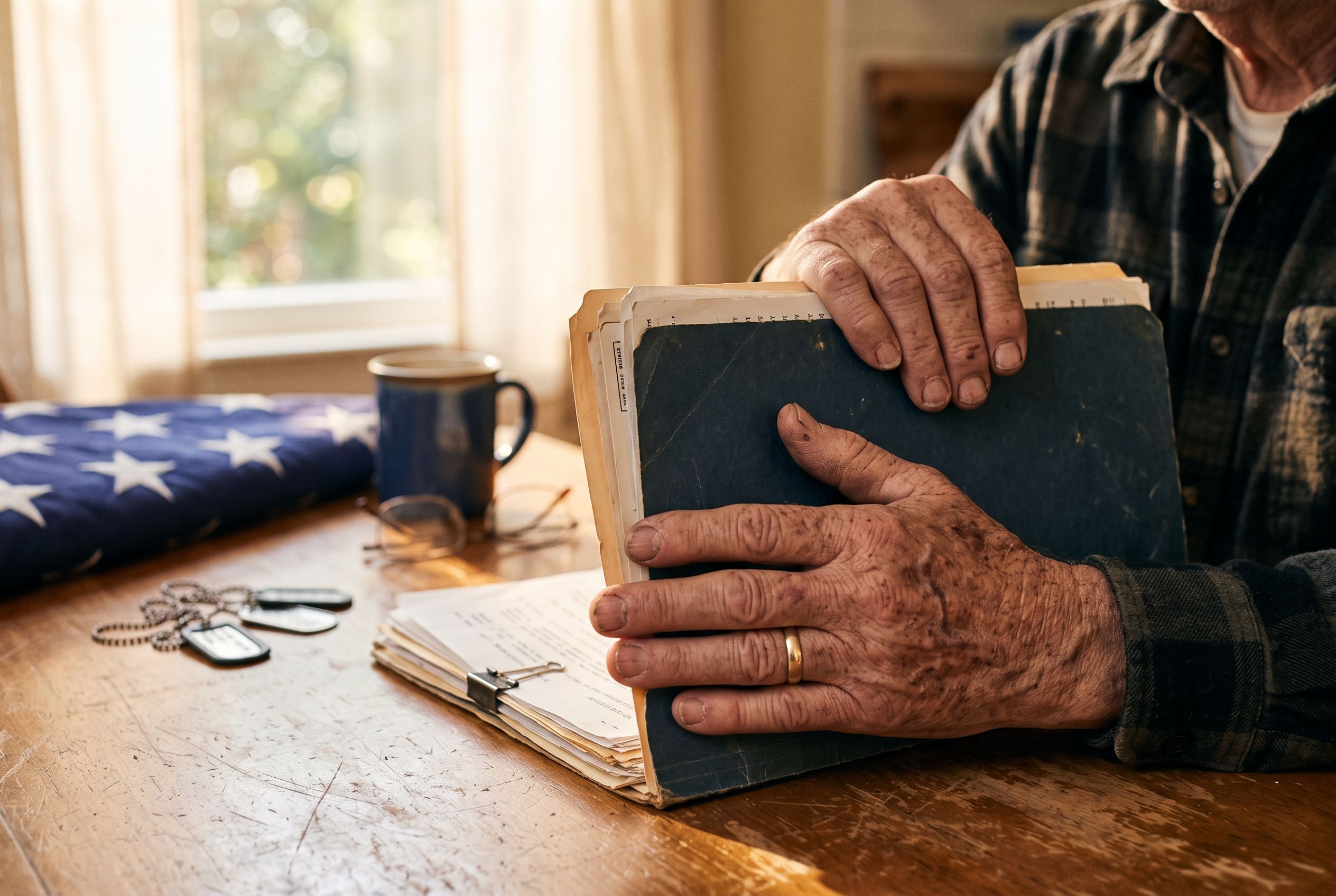 Veteran's hands holding paperwork with a folded flag in the background