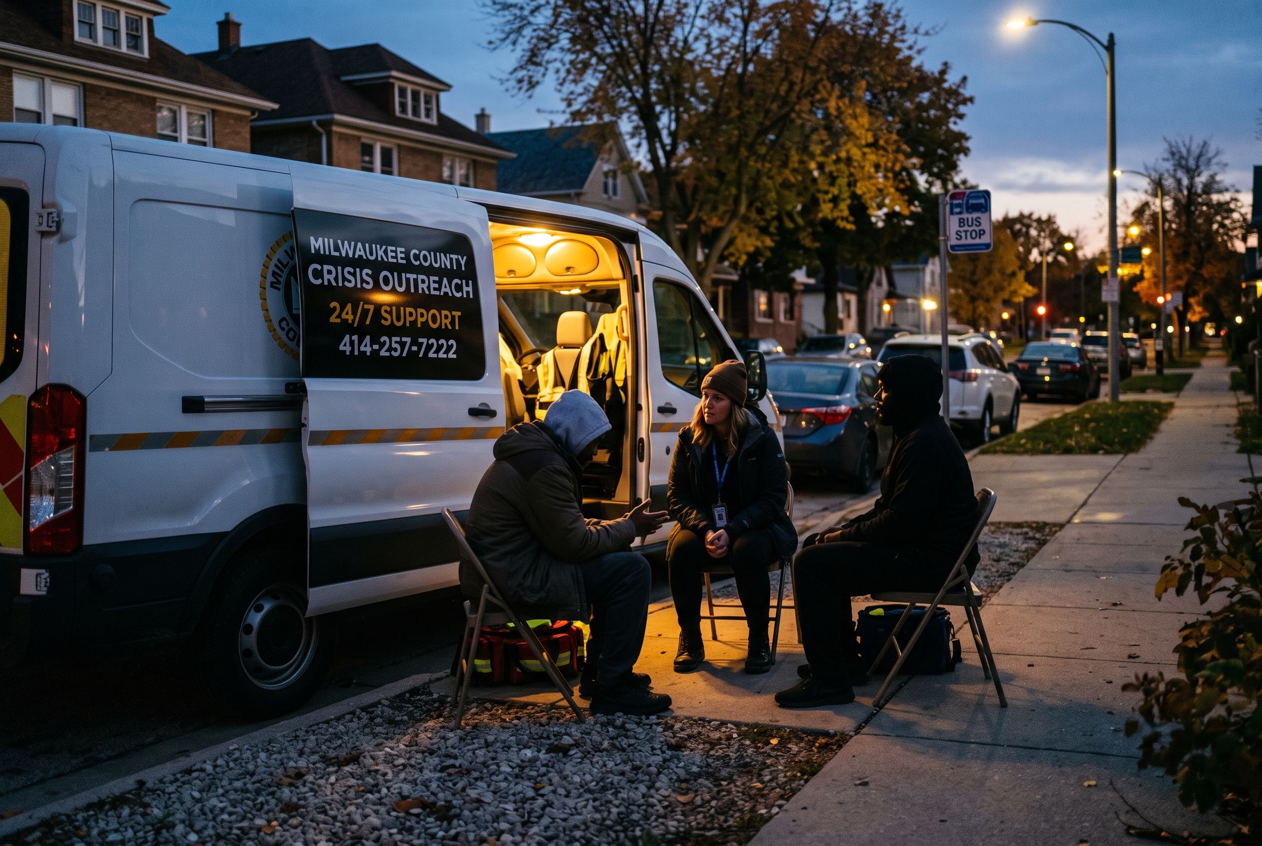 Mobile crisis outreach van at dusk in a Milwaukee neighborhood