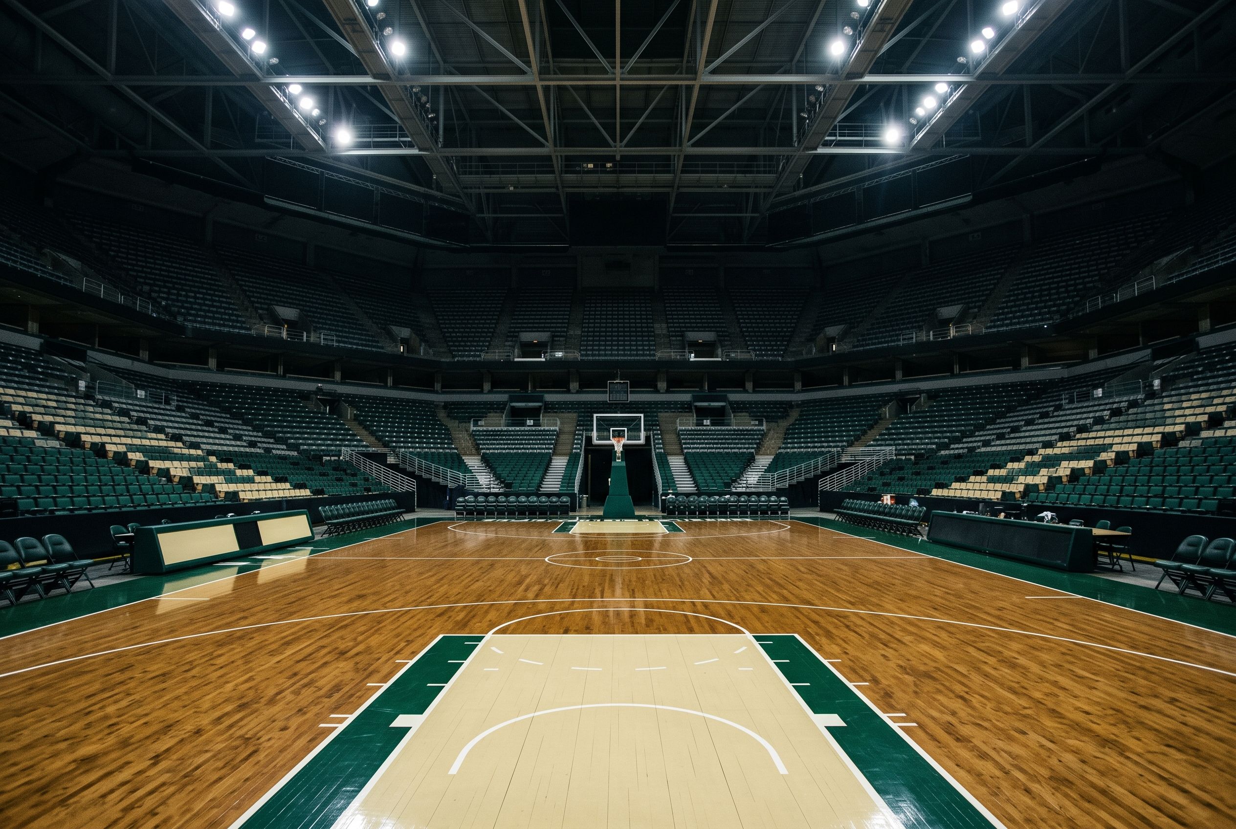 Empty basketball arena court under dramatic lighting