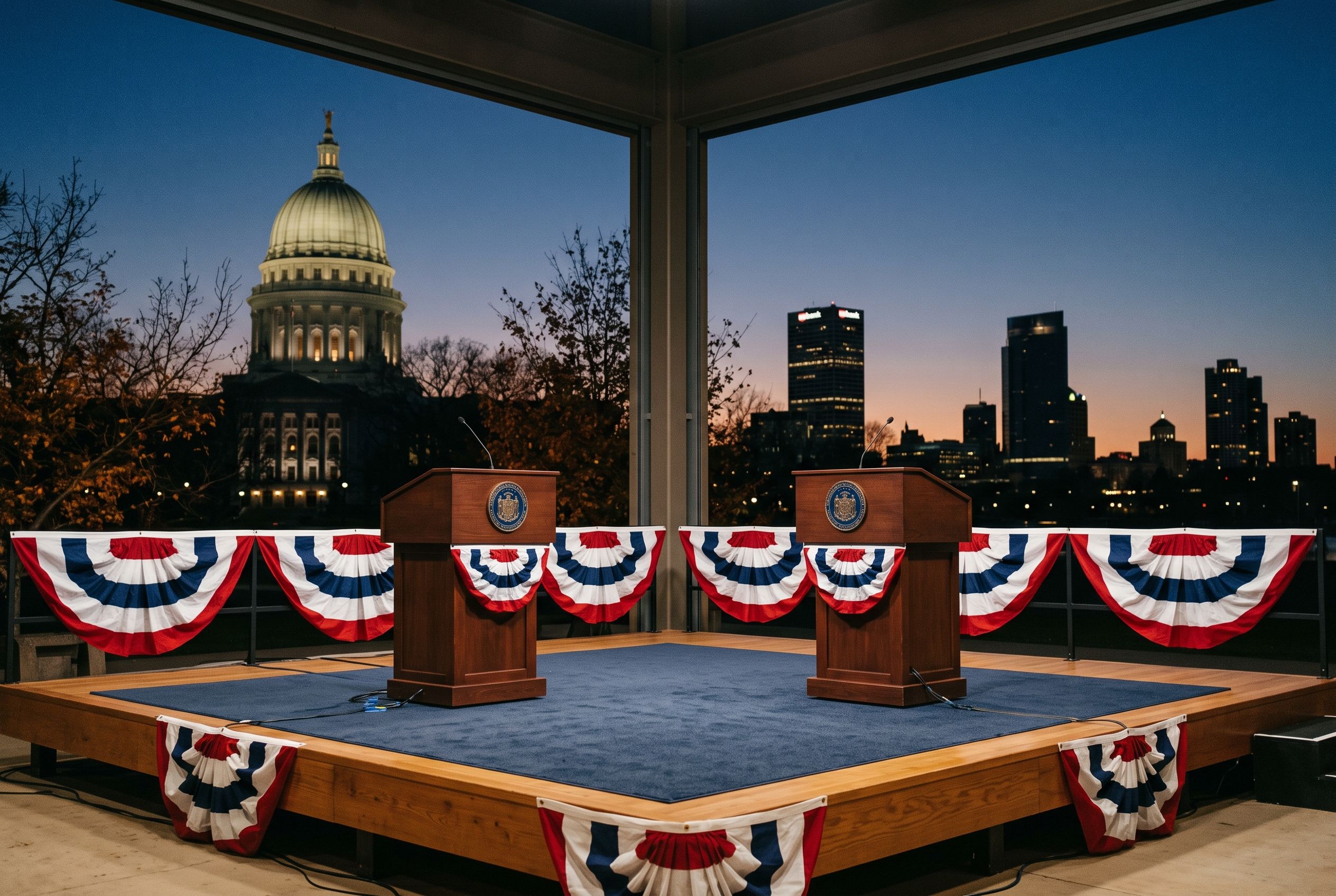 Two campaign podiums with the Wisconsin Capitol and Milwaukee skyline behind