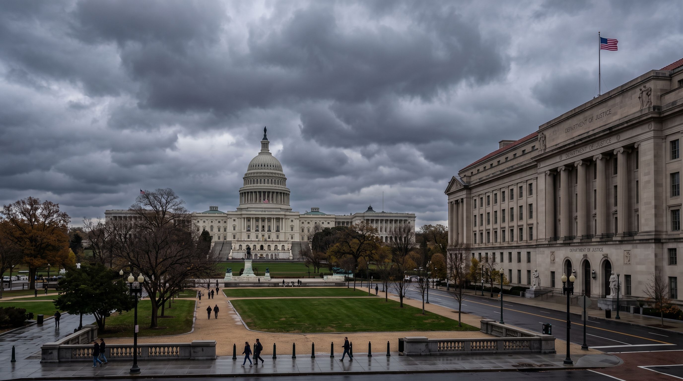 The U.S. Capitol and Department of Justice building under an overcast sky