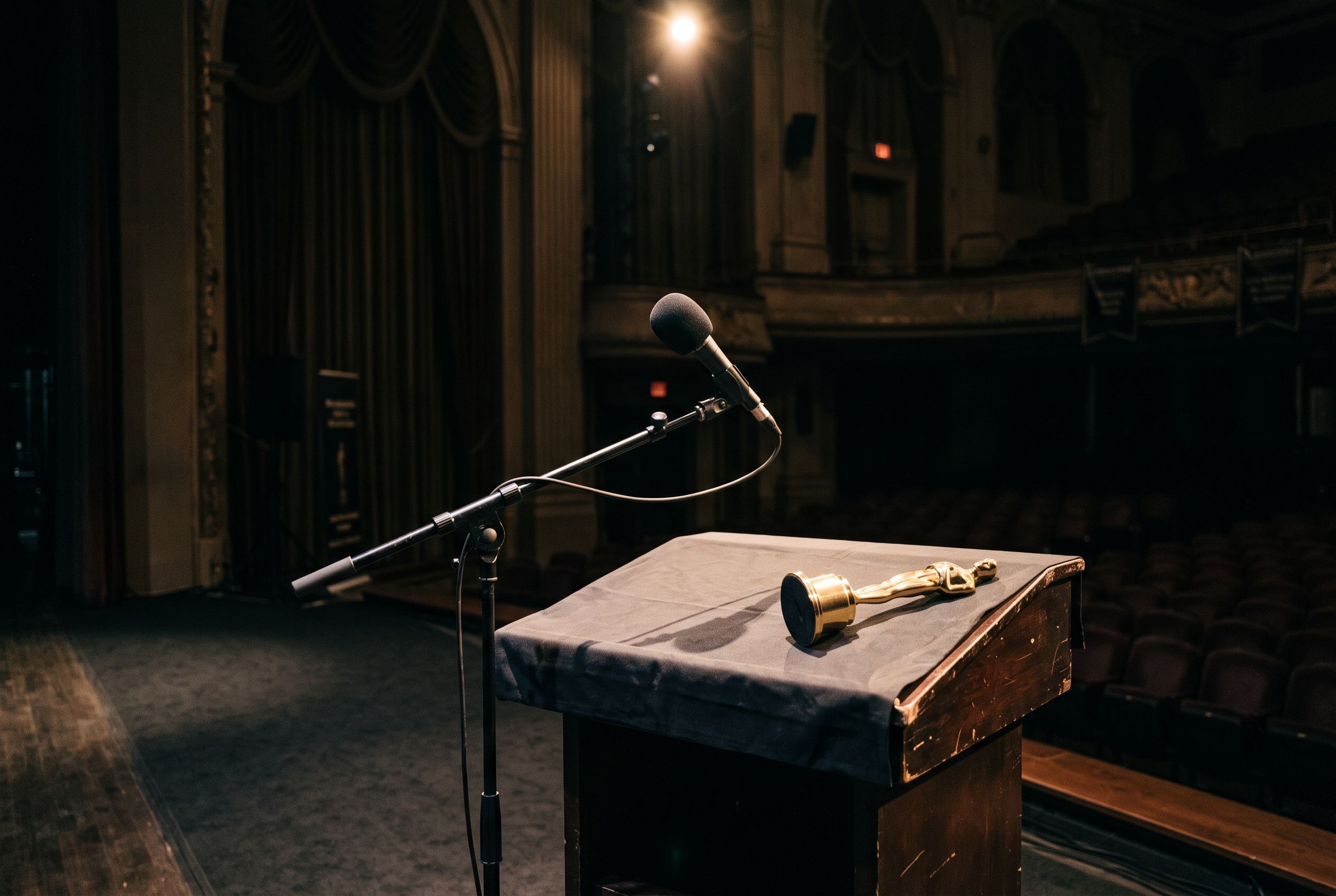Microphone under a spotlight on an awards stage with a toppled trophy