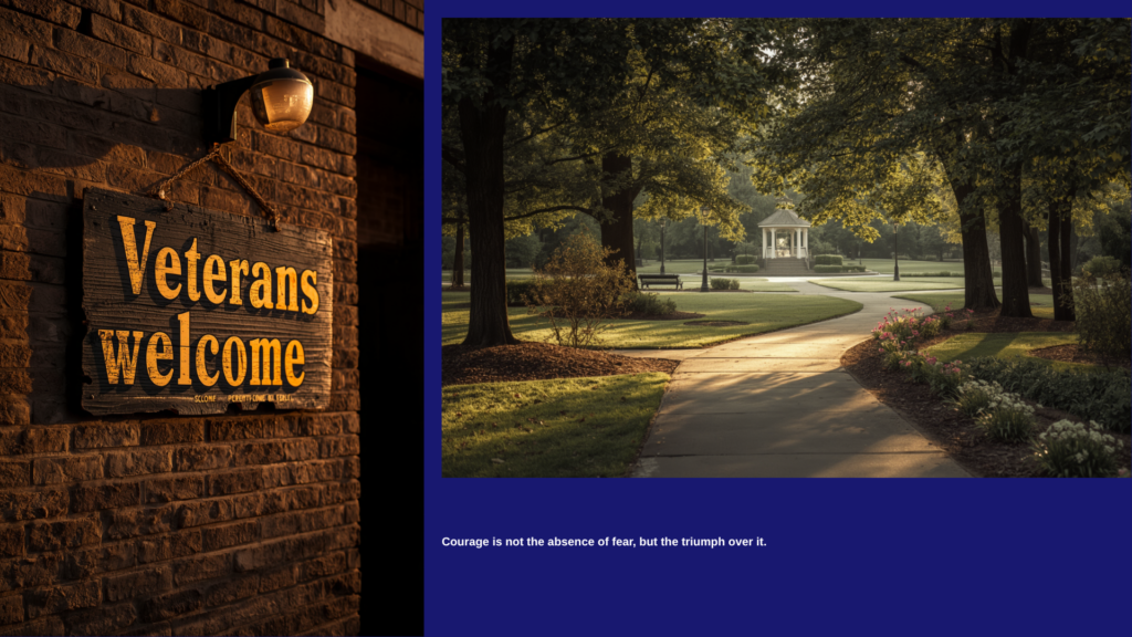 A weathered Veterans Welcome sign on a brick building in golden late-afternoon light