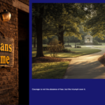 A weathered Veterans Welcome sign on a brick building in golden late-afternoon light
